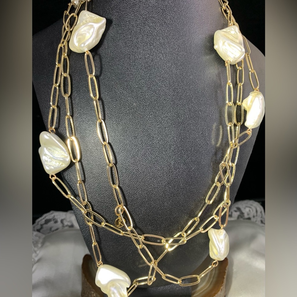 GOLD PLATED PAPERCLIP BAROQUE FAUX PEARL 60' NECKLACE